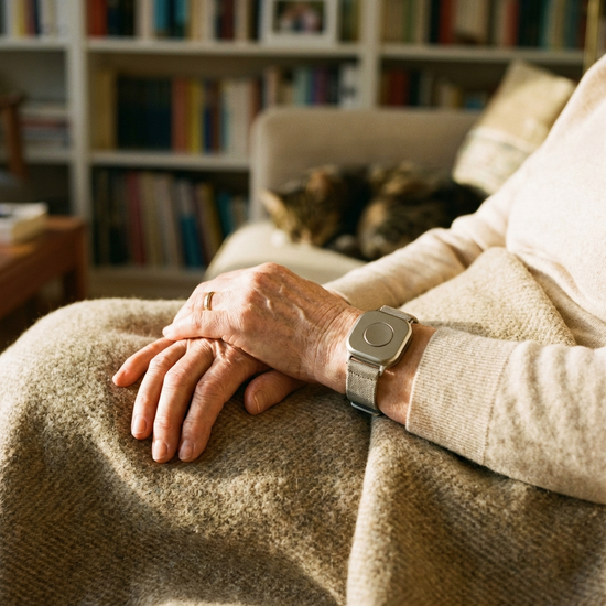 Ein moderner, unauffälliger Hausnotruf-Knopf am Handgelenk einer älteren Person. Die Hände ruhen entspannt auf einer weichen Decke. Warmes Licht, Fokus auf Sicherheit im Alter.