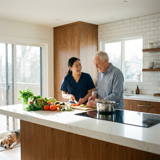 Eine freundliche Betreuungskraft kocht gemeinsam mit einem Senior in einer sauberen, modernen Küche. Lachende Gesichter, frisches Gemüse auf dem Tresen, harmonisches Miteinander.