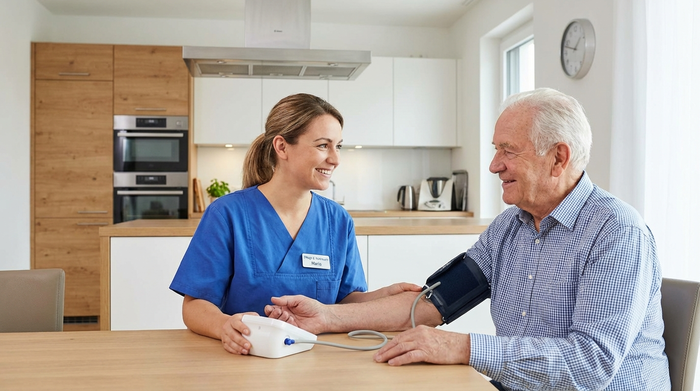 Eine professionelle Pflegekraft in blauer Dienstkleidung misst behutsam den Blutdruck eines älteren Herrn am Esstisch. Im Hintergrund sieht man eine aufgeräumte, moderne Küche. Beide lächeln sich freundlich an, die Szene wirkt sehr professionell und beruhigend.