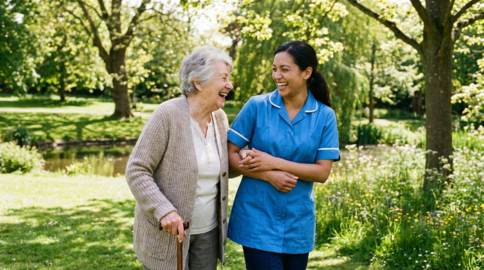Zwei Frauen, eine ältere Dame und eine jüngere Betreuungskraft, spazieren entspannt durch einen grünen Park an einem sonnigen Tag. Die Betreuungskraft stützt die Seniorin sanft am Arm. Beide unterhalten sich angeregt und lachen herzlich.