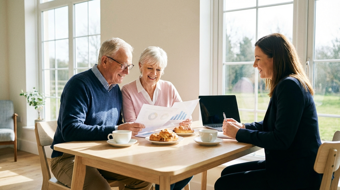 Ein älteres Ehepaar sitzt gemeinsam mit einer Beraterin an einem hellen Holztisch. Sie schauen zufrieden auf einige übersichtliche Dokumente. Die Atmosphäre ist entspannt und lösungsorientiert, mit Kaffeetassen auf dem Tisch.