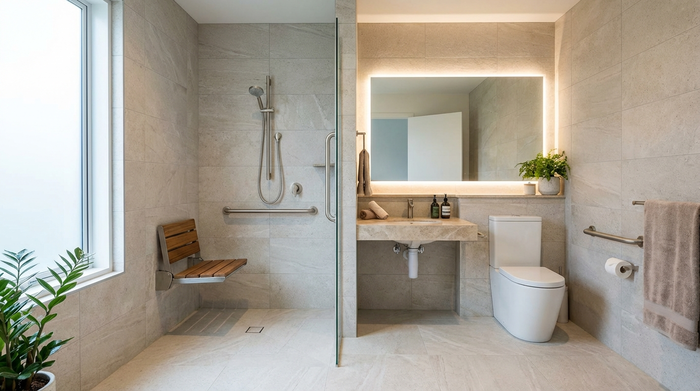 Ein modernes, hell gefliestes und komplett barrierefreies Badezimmer mit einer großzügigen, bodengleichen Dusche. Ein eleganter Duschsitz und dezente Haltegriffe an der Wand sorgen für Sicherheit, ohne steril oder wie im Krankenhaus zu wirken.