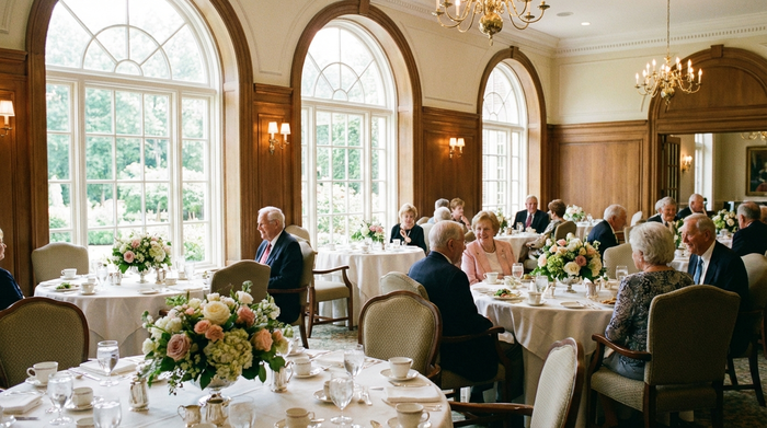 Ein eleganter Speisesaal in einer Seniorenresidenz mit gedeckten Tischen, frischen Blumen und großen Fenstern. Helle, einladende Umgebung, realistische Fotografie ohne Text.