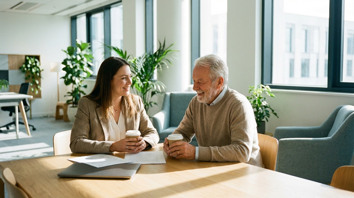 Eine freundliche Beraterin sitzt mit einem Senior an einem Holztisch und bespricht entspannt Dokumente bei einer Tasse Kaffee. Helles Büro, vertrauensvolle Stimmung.
