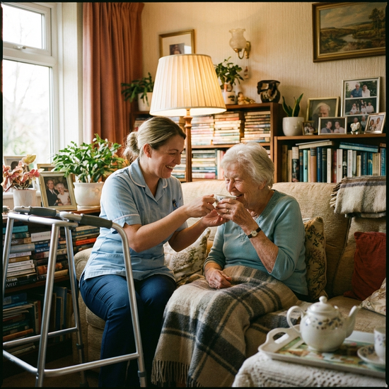 Eine fürsorgliche Pflegekraft hilft einer lächelnden älteren Dame im eigenen, gemütlichen Wohnzimmer beim Teetrinken. Warmes Licht, authentische Pflegesituation zu Hause.