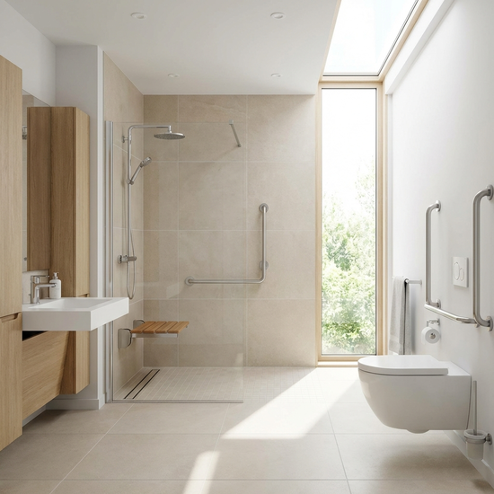 Ein modernes, helles und barrierefreies Badezimmer mit einer bodengleichen Dusche und einem klappbaren Duschsitz. Sicheres und komfortables Design.