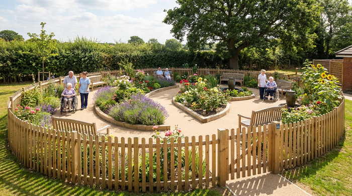 Ein sicherer, idyllischer Demenzgarten mit rollstuhlgerechten, geschwungenen Wegen, bunten Blumenbeeten und bequemen Holzholzbänken an einem sonnigen Nachmittag. Ältere Menschen spazieren entspannt in Begleitung von Pflegekräften durch die friedliche und sichere Grünanlage.