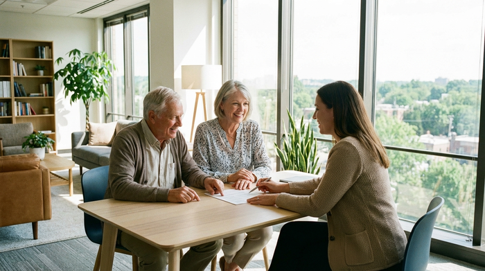 Ein älteres Ehepaar sitzt gemeinsam mit einem freundlichen Berater an einem hellen Holztisch in einem modernen Büro und bespricht entspannt Dokumente. Die Atmosphäre ist vertrauensvoll, professionell und positiv.