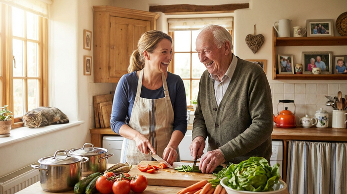 Eine liebevolle 24-Stunden-Betreuungskraft kocht gemeinsam mit einem fröhlichen älteren Herrn in einer gemütlichen, gut beleuchteten häuslichen Küche. Beide lachen, während sie frisches Gemüse schneiden, umgeben von einer warmen, familiären Atmosphäre.