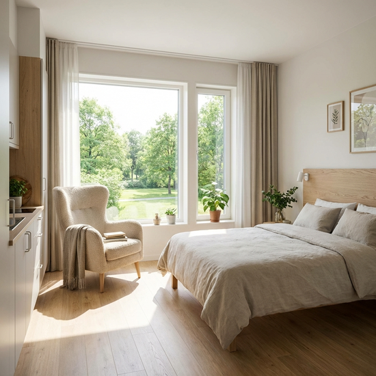 Ein modernes, lichtdurchflutetes Zimmer in einer Seniorenresidenz mit einem gemütlichen Lesesessel, einem gepflegten Bett und großen Fenstern mit Blick in einen grünen Park.