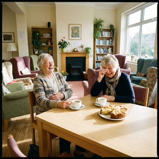 Zwei ältere Damen sitzen lachend bei Kaffee und Kuchen an einem hellen Holztisch in einem gemütlich eingerichteten Gemeinschaftsraum.