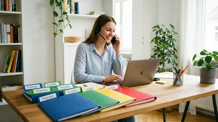 Eine gut organisierte Tochter sitzt an einem aufgeräumten Schreibtisch am Laptop, telefoniert freundlich mit einem Headset und hat übersichtliche, farbige Dokumentenmappen vor sich liegen.