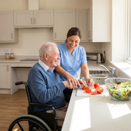 Eine geduldige, freundliche Betreuungskraft hilft einem lächelnden Senior beim Zubereiten eines frischen Salats in einer sauberen, barrierefreien Küche.