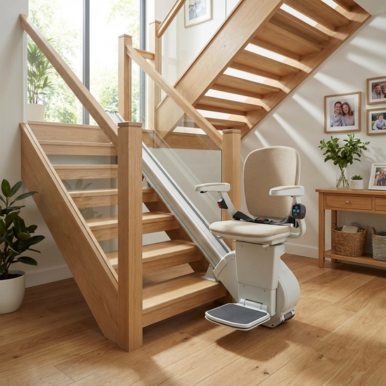 Ein moderner, sicherer Treppenlift, der an einer hellen Holztreppe in einem gepflegten Einfamilienhaus installiert ist.