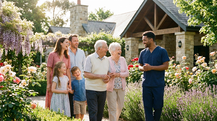 Eine Familie spaziert gemeinsam mit einem engagierten Pfleger durch den blühenden, sonnigen Garten einer gepflegten Senioreneinrichtung und unterhält sich angeregt.