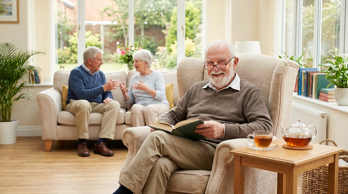 Ein älterer Herr sitzt entspannt in einem bequemen Ruhesessel und liest. Neben ihm steht eine Tasse Tee auf einem kleinen Holztisch. Im Hintergrund unterhalten sich zwei weitere Senioren angeregt. Helles, freundliches Ambiente.