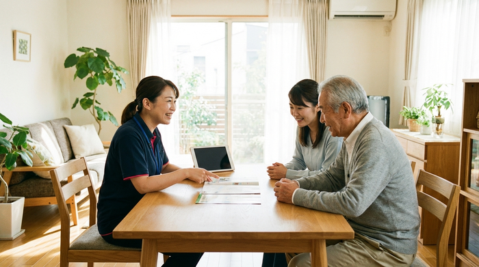 Eine Familie sitzt gemeinsam mit einer Pflegeberaterin an einem Holztisch im Wohnzimmer. Die Beraterin erklärt freundlich die verschiedenen Möglichkeiten, während die Tochter und der ältere Vater aufmerksam zuhören und nicken. Helle Atmosphäre.