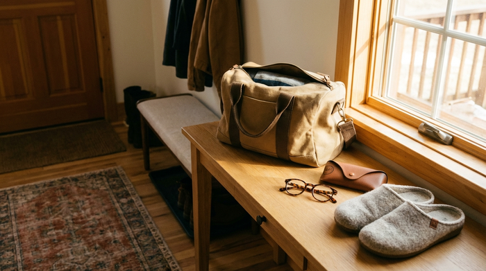 Eine gepackte kleine Reisetasche steht auf einem ordentlichen Flurtisch. Daneben liegen ordentlich aufgereiht eine Brille, ein Brillenetui und bequeme Hausschuhe. Warmes Licht, einladende und aufgeräumte Umgebung.
