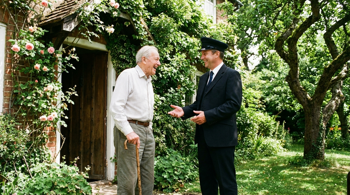 Ein älterer Herr mit Gehstock unterhält sich fröhlich mit einem verständnisvollen Fahrer in Uniformkleidung vor einer Haustür im Grünen.
