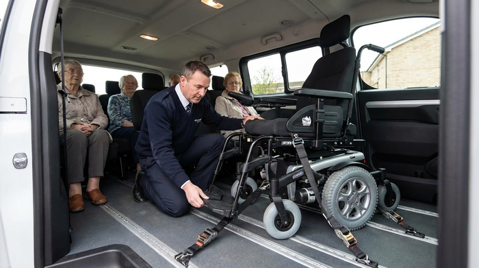 Ein professionell gesicherter Rollstuhl im Innenraum eines geräumigen Kleinbusses. Ein Fahrer prüft sorgfältig die stabilen Sicherheitsgurte am Boden.