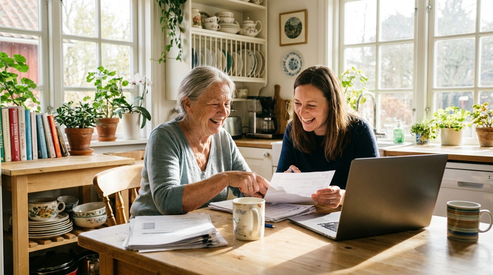 Eine ältere Dame sitzt entspannt am Küchentisch und bespricht mit ihrer Tochter lächelnd Dokumente. Helle, freundliche Atmosphäre.