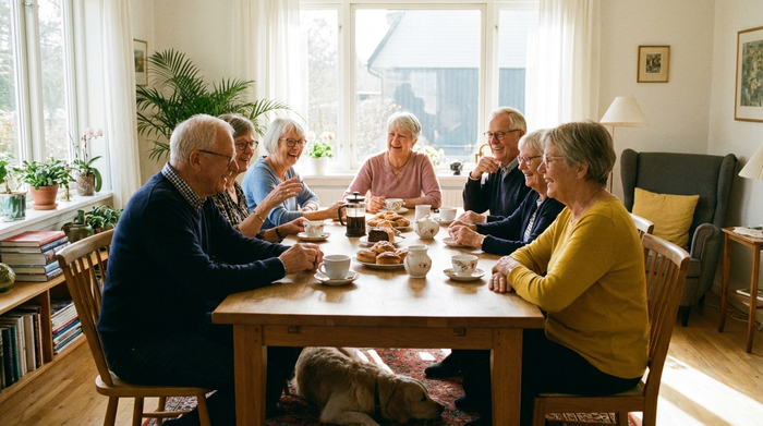 Eine fröhliche Gruppe von Senioren sitzt gemeinsam in einem hellen Raum am Tisch, trinkt Kaffee und lacht. Warme und einladende Stimmung.