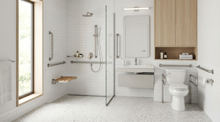 Ein modernes, helles Badezimmer mit einer ebenerdigen Dusche und stabilen Haltegriffen. Sauber, sicher und altersgerecht eingerichtet.