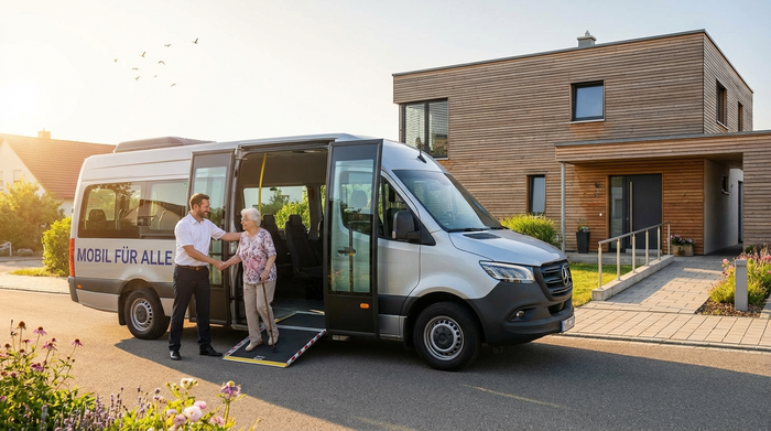 Ein moderner, barrierefreier Kleinbus mit geöffneter Schiebetür steht an einem sonnigen Morgen vor einem gepflegten Einfamilienhaus. Ein freundlicher Fahrer reicht einer älteren Dame hilfsbereit die Hand.