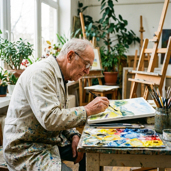 Ein älterer Mann malt hochkonzentriert mit Wasserfarben auf eine Leinwand. Neben ihm liegen Pinsel und eine Palette mit hellen Farben.