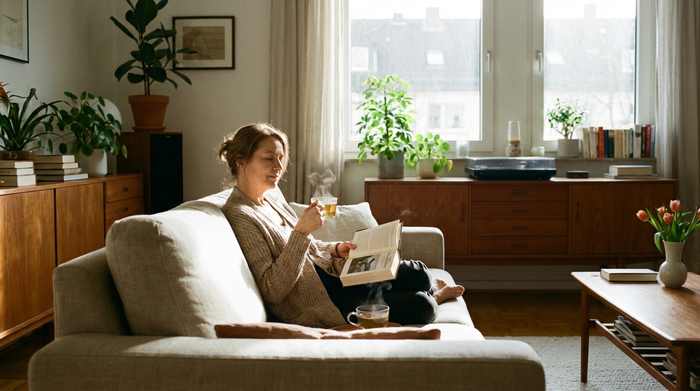 Eine entspannte Frau mittleren Alters sitzt mit einer Tasse Tee auf ihrem Sofa und liest ein Buch. Durch das Fenster scheint sanftes Nachmittagslicht in das aufgeräumte Wohnzimmer.