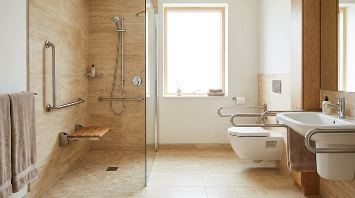 Ein helles, barrierefreies Badezimmer mit einer bodengleichen Dusche, klappbarem Duschsitz und stabilen Haltegriffen an den Wänden. Sauberes, modernes Design in warmen Beigetönen.