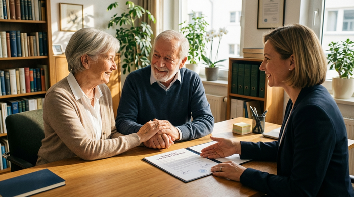 Ein älteres Ehepaar sitzt gemeinsam mit einer Beraterin an einem Schreibtisch. Sie schauen sich lächelnd an, während ein unterschriebenes Dokument auf dem Tisch liegt.