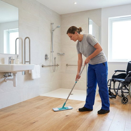 Eine professionelle Haushaltshilfe wischt den Holzboden in einem modernen, barrierefreien Badezimmer. Helle Fliesen, sauberes Ambiente, die Pflegekraft trägt unauffällige Arbeitskleidung.