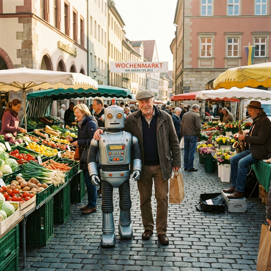 Ein freundlicher Alltagsbegleiter schlendert gemeinsam mit einem Senior über einen belebten Wochenmarkt. Frisches Gemüse an den Ständen, entspannte Stimmung, sonniges Wetter.