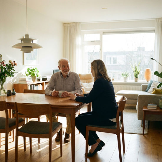Ein älterer Herr sitzt mit einer Beraterin am Esstisch. Sie unterhalten sich freundlich bei einer Tasse Kaffee. Vertrauensvolle Atmosphäre, helles Wohnzimmer, fotorealistisch, ohne sichtbaren Text.