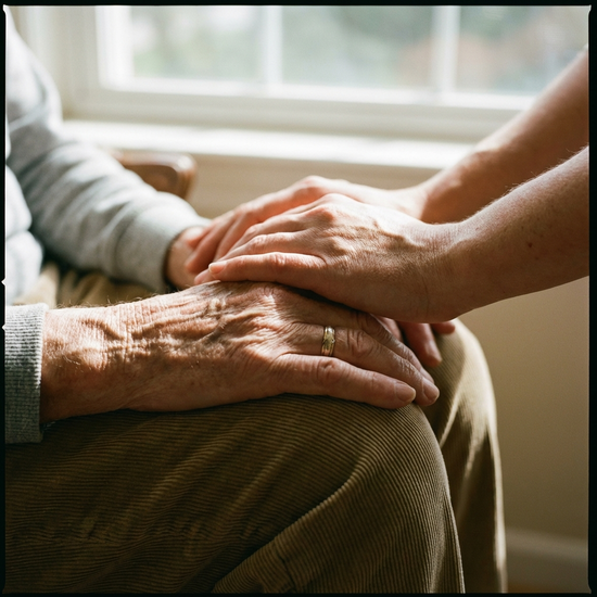 Eine Nahaufnahme von zwei Händen, die entspannt auf einem Knie ruhen, während eine jüngere Hand sie sanft hält. Fokus auf Geborgenheit, Respekt und liebevolle Unterstützung.
