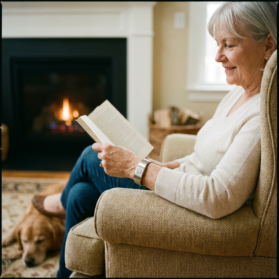 Ein moderner, unauffälliger Hausnotruf-Sender am Handgelenk einer älteren Dame, die gemütlich in einem Sessel ein Buch liest. Fokus auf das Armband, entspannte und sichere Szene.