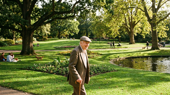 Ein älterer Herr spaziert an einem sonnigen Nachmittag entspannt durch eine gepflegte Parkanlage, umgeben von alten Bäumen und grünen Wiesen.