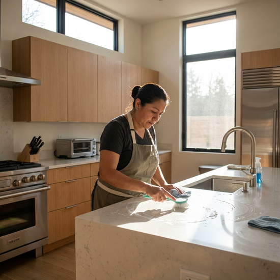 Eine engagierte Haushaltshilfe reinigt gründlich die Arbeitsfläche in einer modernen, sonnendurchfluteten Küche.