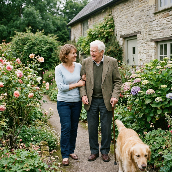 Eine einfühlsame Alltagsbegleiterin stützt einen älteren Mann sanft beim gemeinsamen Spaziergang im heimischen Garten.