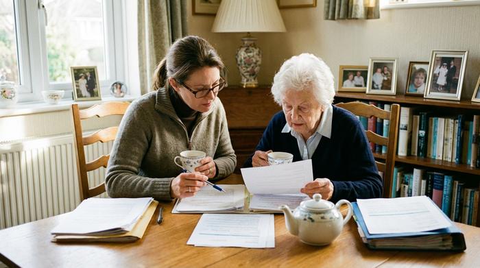 Eine erwachsene Tochter sitzt mit ihrer älteren Mutter am Esstisch und bespricht konzentriert wichtige Dokumente bei einer Tasse Tee.