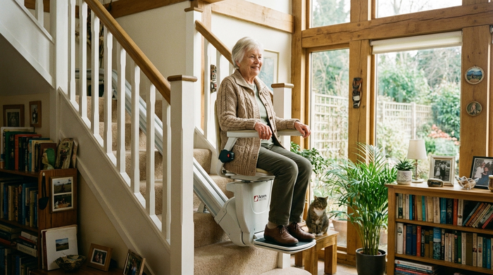 Eine rüstige Seniorin fährt sicher und entspannt mit einem modernen Treppenlift in das obere Stockwerk ihres gemütlichen Einfamilienhauses.