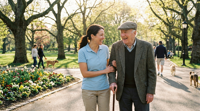 Eine freundliche Pflegekraft hilft einem älteren Herrn bei einem Spaziergang in einem sonnigen Park. Beide lachen und genießen die frische Luft. Natürliches Licht, realistische Szene, gepflegte Umgebung.