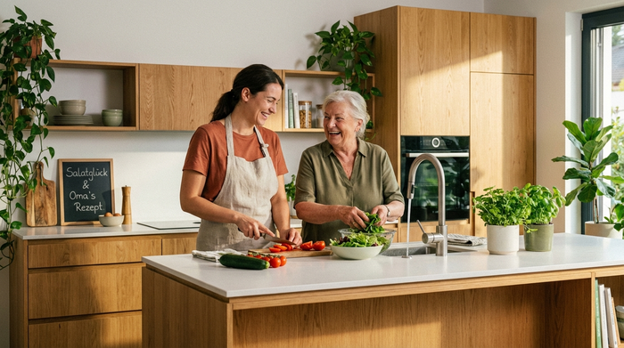 Eine engagierte Betreuerin und eine Seniorin bereiten gemeinsam in einer modernen, sauberen Küche einen frischen Salat zu. Fokussiert auf die harmonische Zusammenarbeit, warme Farben, authentische Situation.
