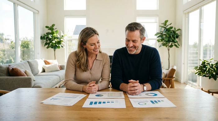 Ein erwachsenes Paar sitzt entspannt am Wohnzimmertisch und schaut zufrieden auf übersichtliche Dokumente. Helle, freundliche Atmosphäre, professionell und positiv, keine lesbaren Texte auf den Papieren.