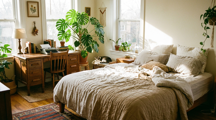 Ein helles, liebevoll eingerichtetes Zimmer mit einem bequemen Bett, einem kleinen Schreibtisch und einer Pflanze am Fenster. Einladende und saubere Umgebung, tageslichtdurchflutet, gemütliche Atmosphäre.
