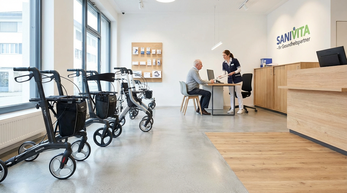 Ein helles, modernes Sanitätshaus von innen. Im Vordergrund stehen verschiedene hochwertige Rollatoren, im Hintergrund berät ein Mitarbeiter freundlich einen älteren Herrn. Die Umgebung ist sauber, aufgeräumt und professionell.