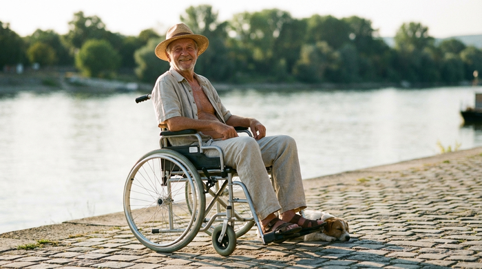 Ein älterer Mann sitzt entspannt in einem leichten Aluminium-Rollstuhl auf einem gepflasterten Weg an der Donau. Die Sonne scheint, im Hintergrund sind Bäume und der Fluss verschwommen zu erkennen. Friedliche und unbeschwerte Stimmung.