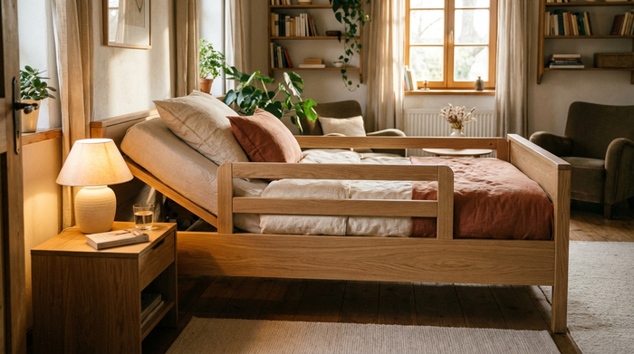 Ein modernes, wohnliches Pflegebett aus hellem Holz in einem gemütlichen Schlafzimmer. Das Kopfteil ist leicht aufgerichtet. Auf dem Nachttisch daneben steht eine Leselampe und ein Glas Wasser. Warme, häusliche Atmosphäre ohne Krankenhaus-Charakter.