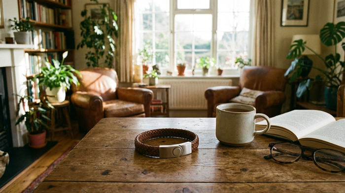 Ein unauffälliger Hausnotruf-Sender in Form eines eleganten Armbands liegt auf einem Holztisch neben einer Tasse Tee und einer Lesebrille. Gemütliches, alltägliches Setting in einem sonnendurchfluteten Wohnzimmer.